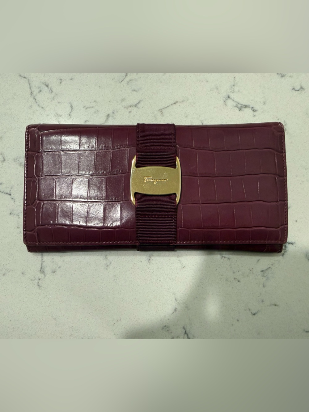Salvatore Ferragamo Wine Croc-Embossed Vara Bow Leather Wallet